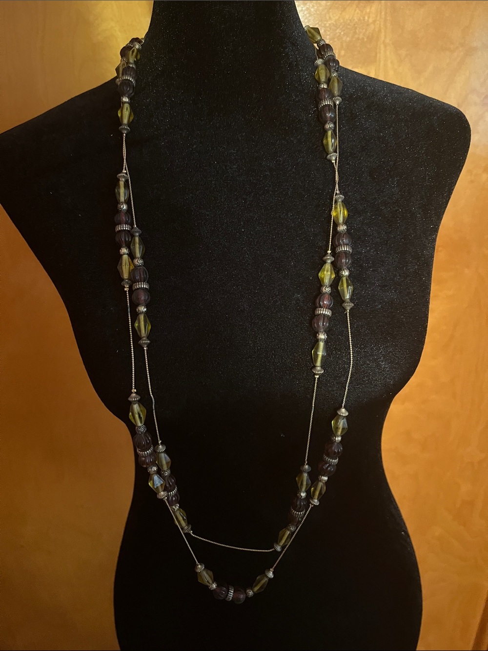 Coldwater Creek Olive and Purple Long Multi-Strand Beaded Necklace